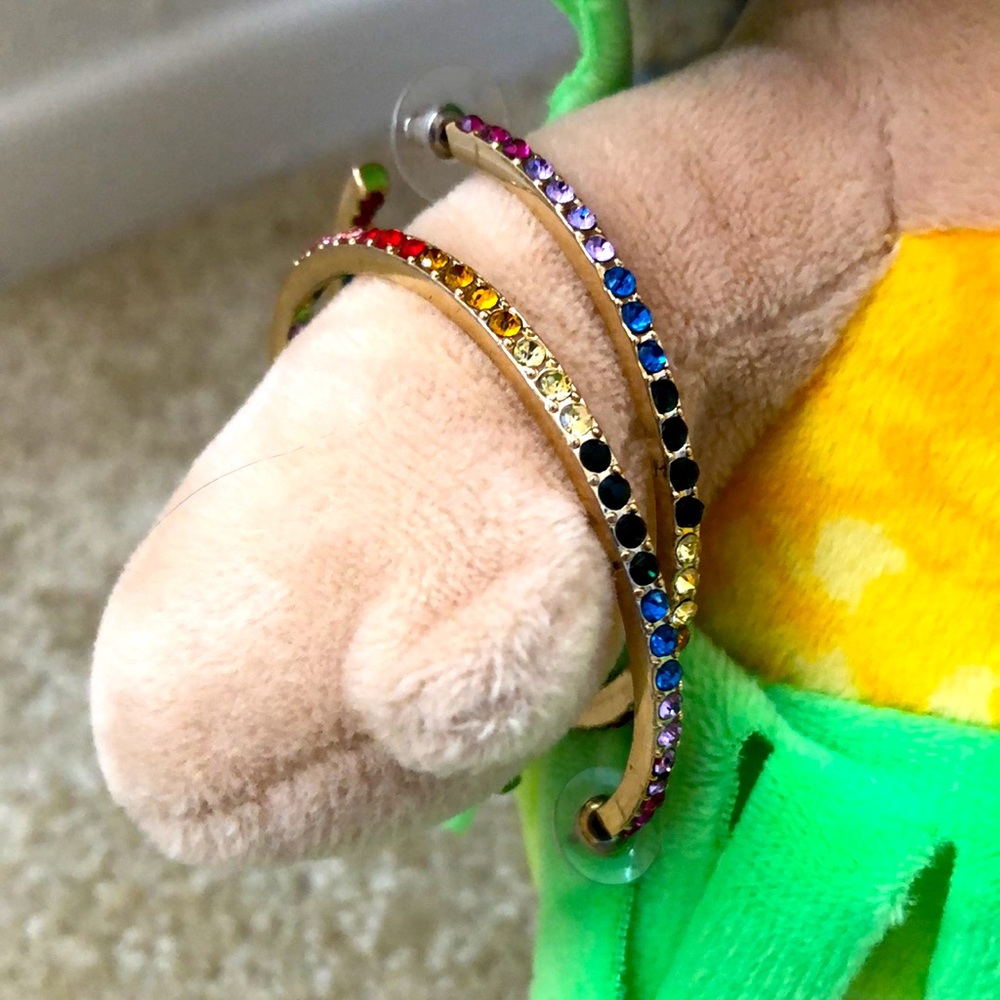 Oversized Very Large  Jumbo Hoop Earrings With A Rainbow of Colored Stones NWOT